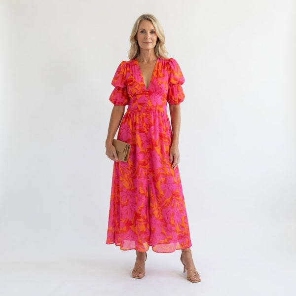Willow | Vestido Midi con Mangas Abullonadas y Cuello en V Floral