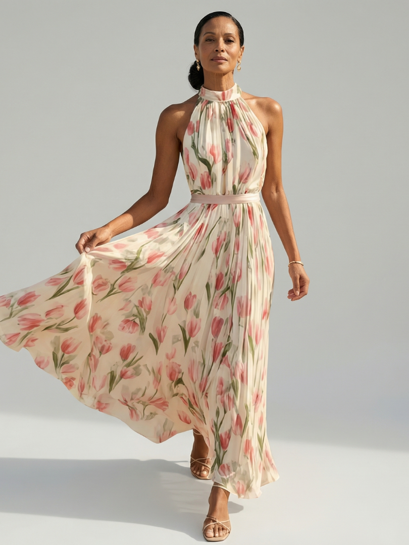 Aurelle | Vestido Midi con Cuello Halter de Flores