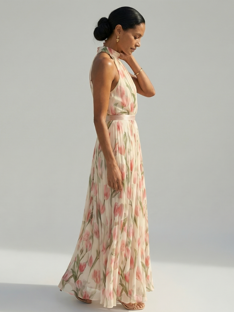 Aurelle | Vestido Midi con Cuello Halter de Flores