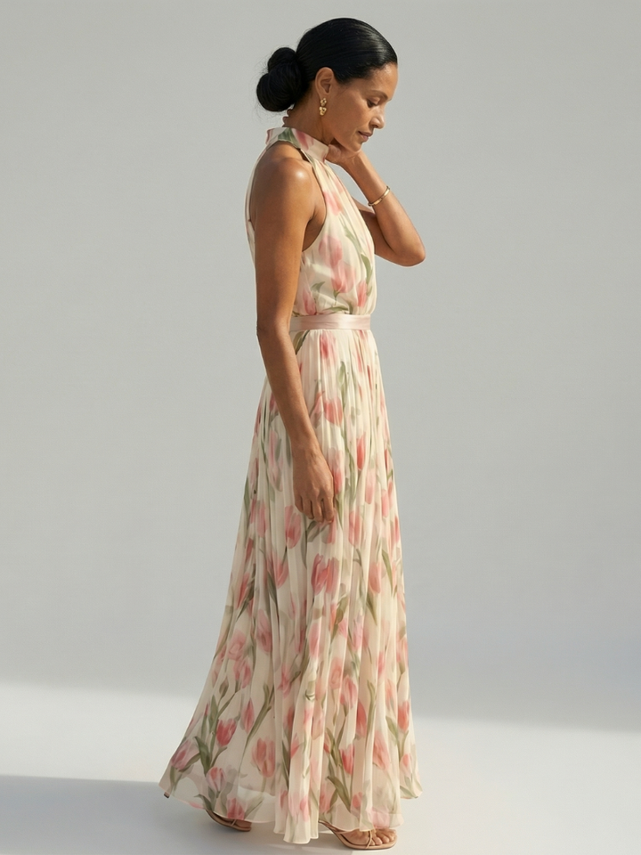 Aurelle | Vestido Midi con Cuello Halter de Flores