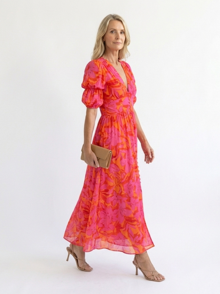 Willow | Vestido Midi con Mangas Abullonadas y Cuello en V Floral