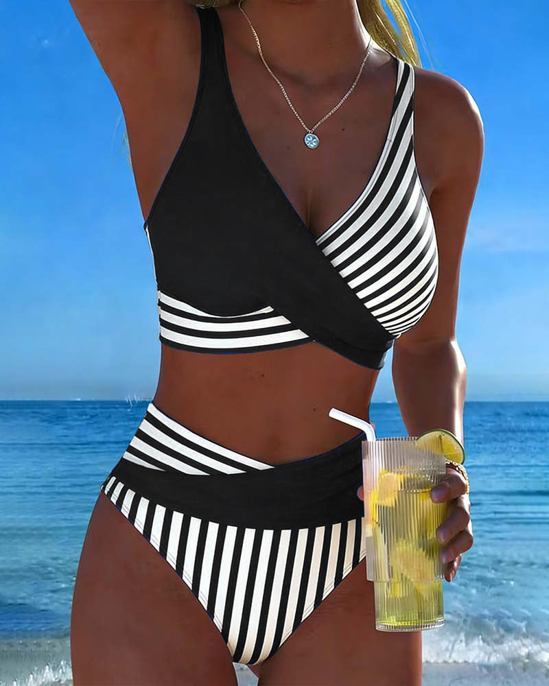 Delphantine™ — Bikini cruzado de rayas de talle alto brillo estival