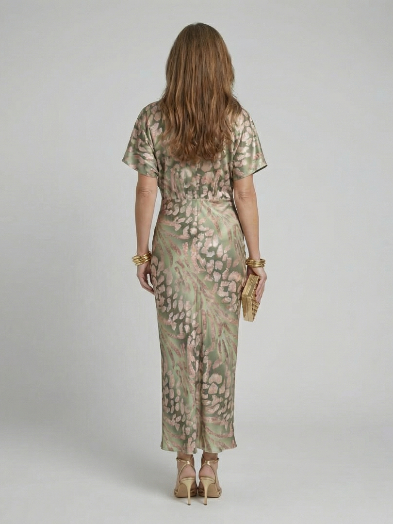 Coralie | Vestido Midi con Estampado Abstracto y Escote en V con Cintura Torcida