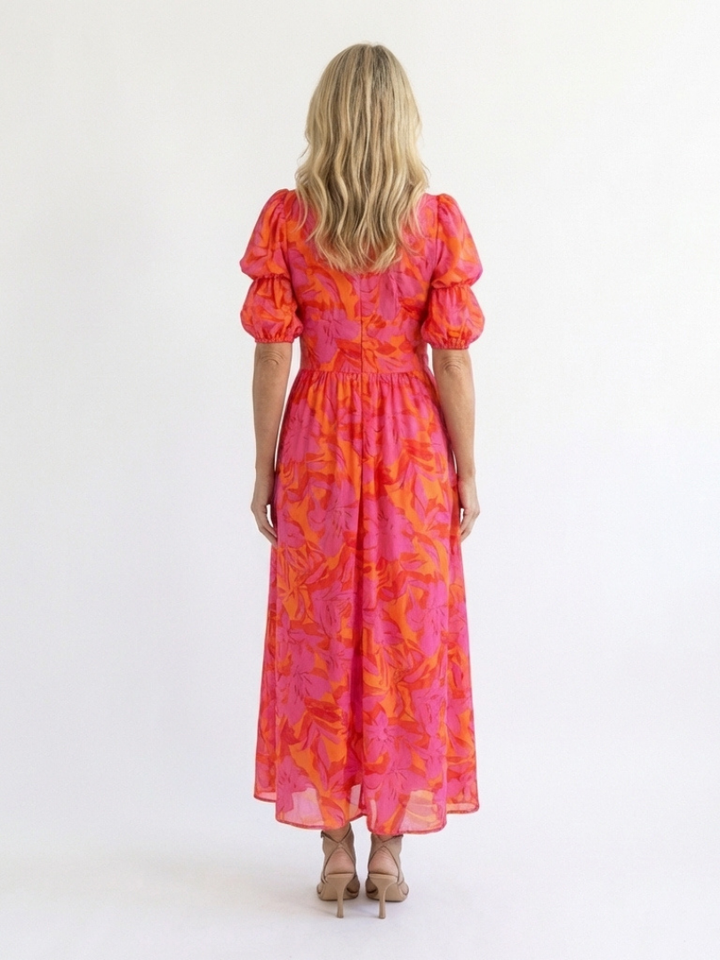 Willow | Vestido Midi con Mangas Abullonadas y Cuello en V Floral