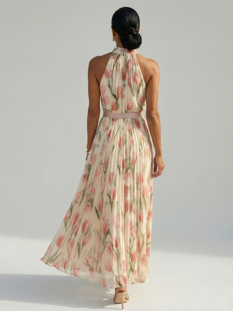 Aurelle | Vestido Midi con Cuello Halter de Flores