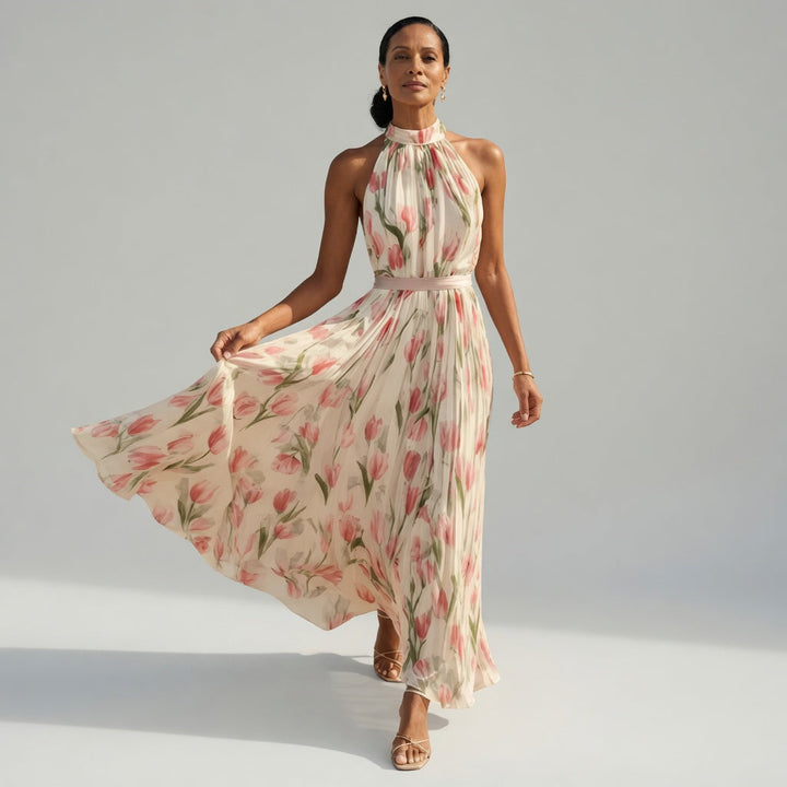 Aurelle | Vestido Midi con Cuello Halter de Flores