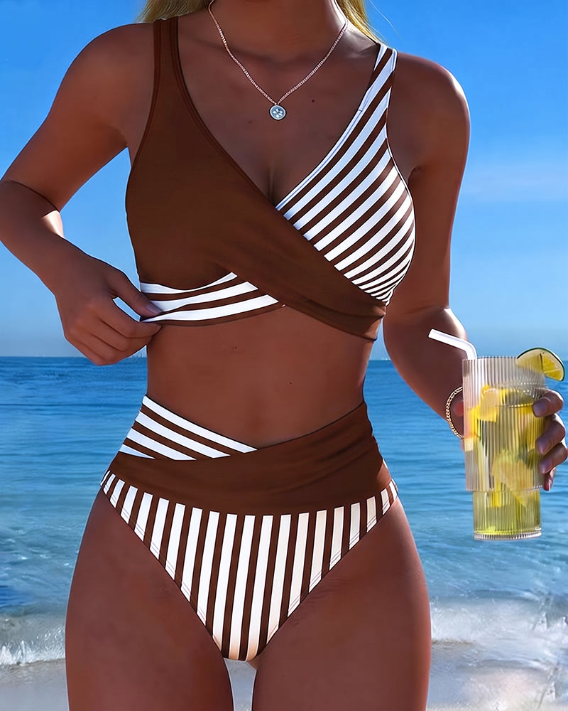 Delphantine™ — Bikini cruzado de rayas de talle alto brillo estival