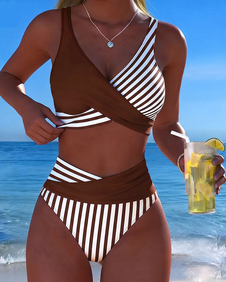 Delphantine™ — Bikini cruzado de rayas de talle alto brillo estival