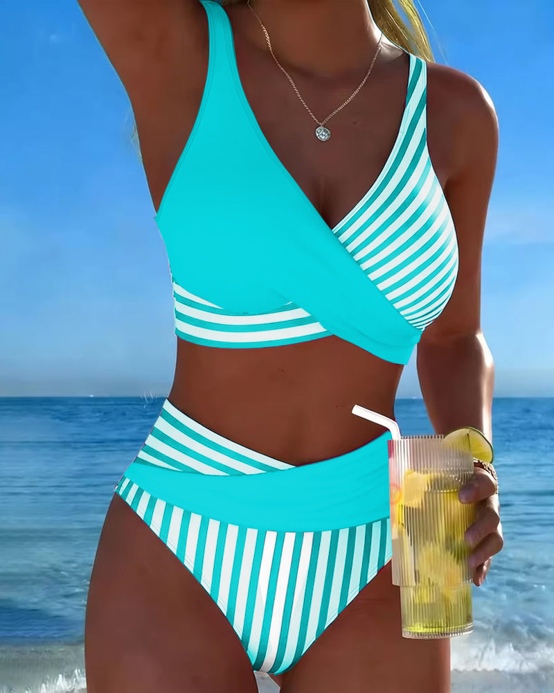 Delphantine™ — Bikini cruzado de rayas de talle alto brillo estival