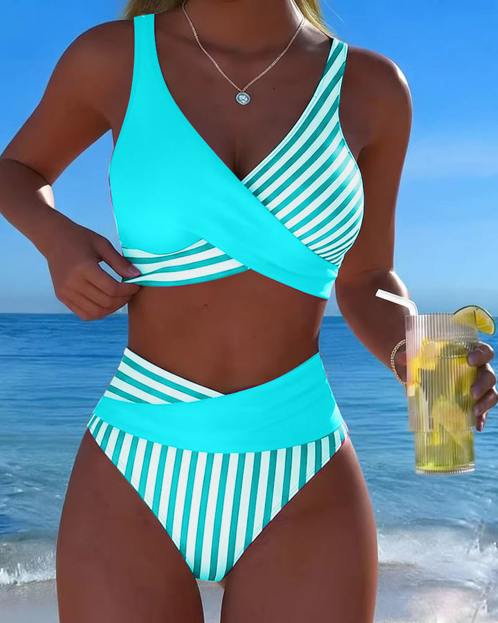 Delphantine™ — Bikini cruzado de rayas de talle alto brillo estival