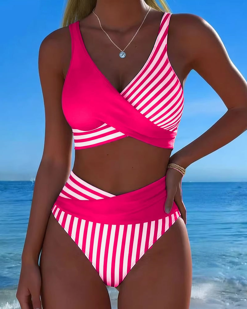 Delphantine™ — Bikini cruzado de rayas de talle alto brillo estival