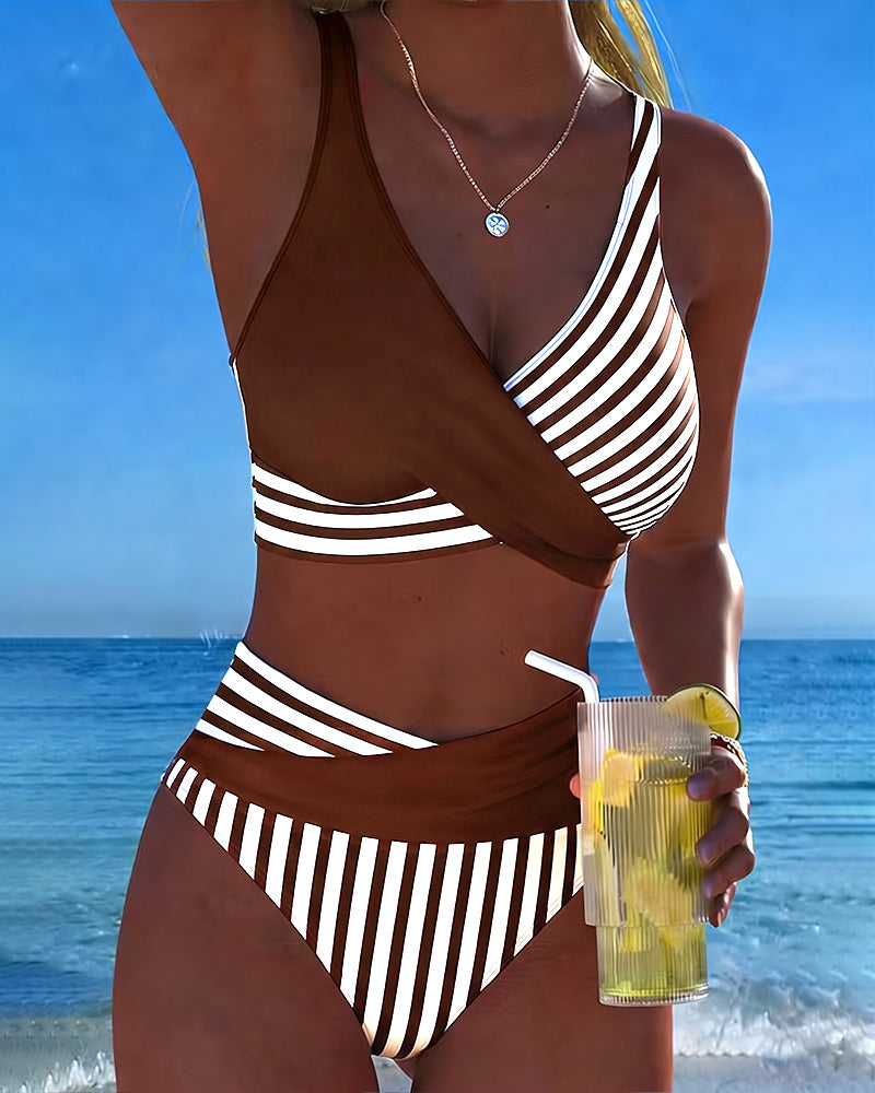 Delphantine™ — Bikini cruzado de rayas de talle alto brillo estival