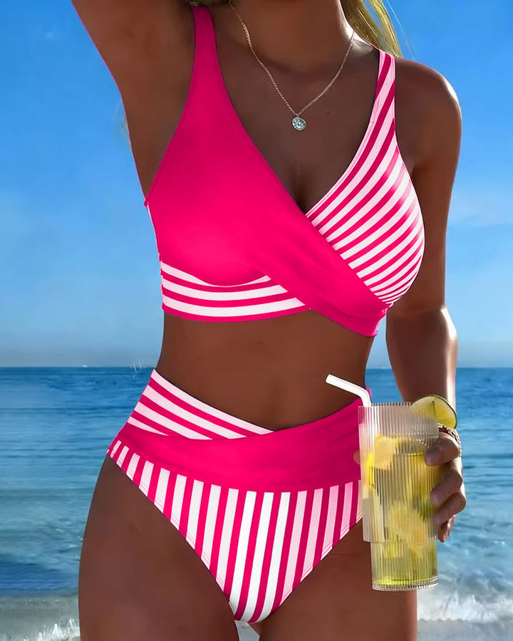 Delphantine™ — Bikini cruzado de rayas de talle alto brillo estival
