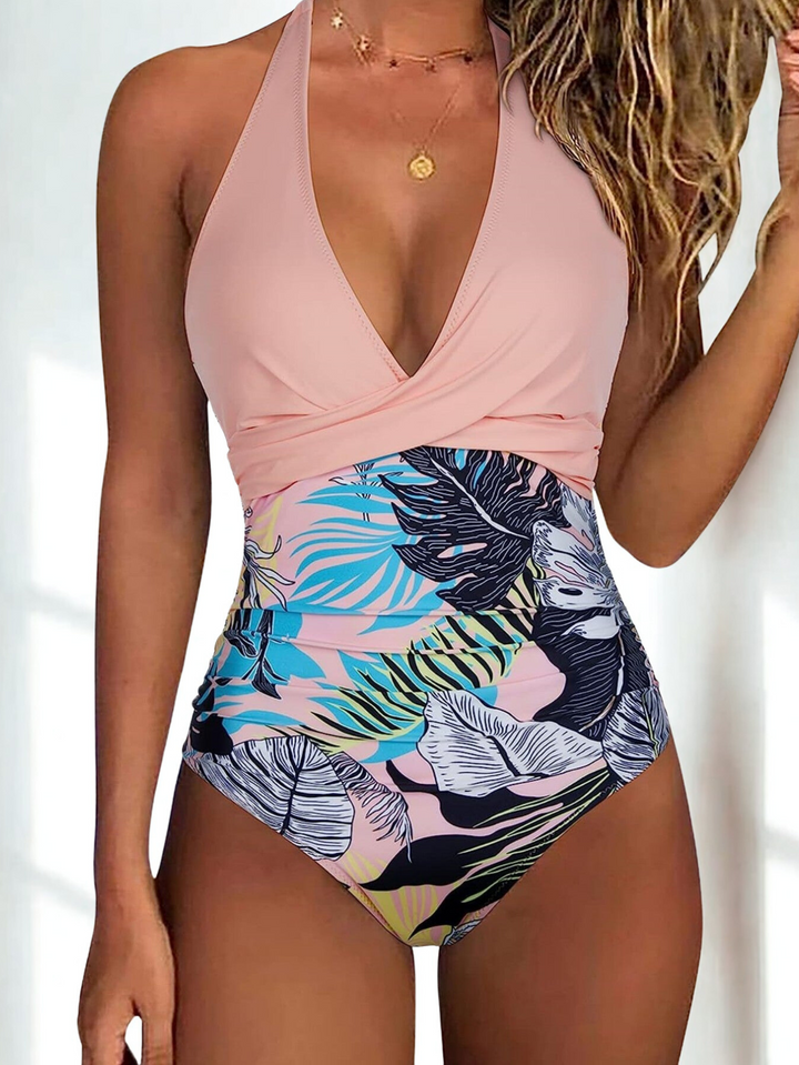 Traje de Baño Hoja Tropical – Escote en V y Estilo Escultor