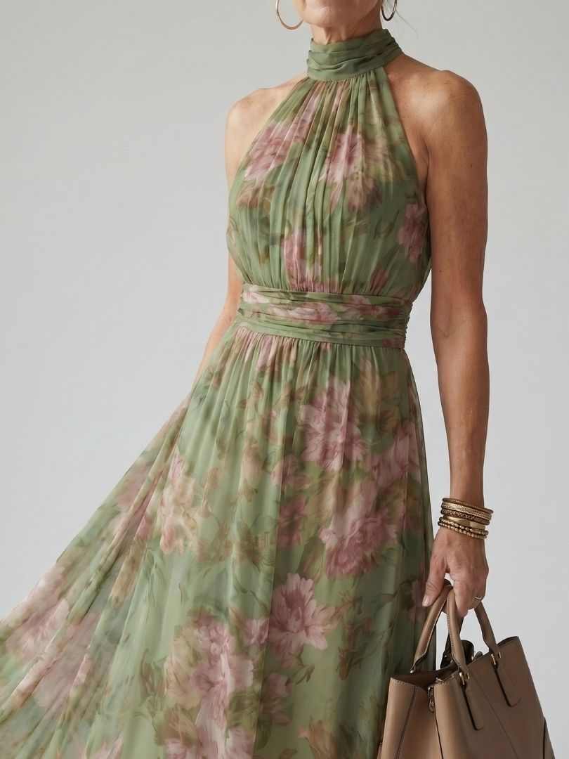 Mireille | Vestido Midi con Escote Halter Fruncido