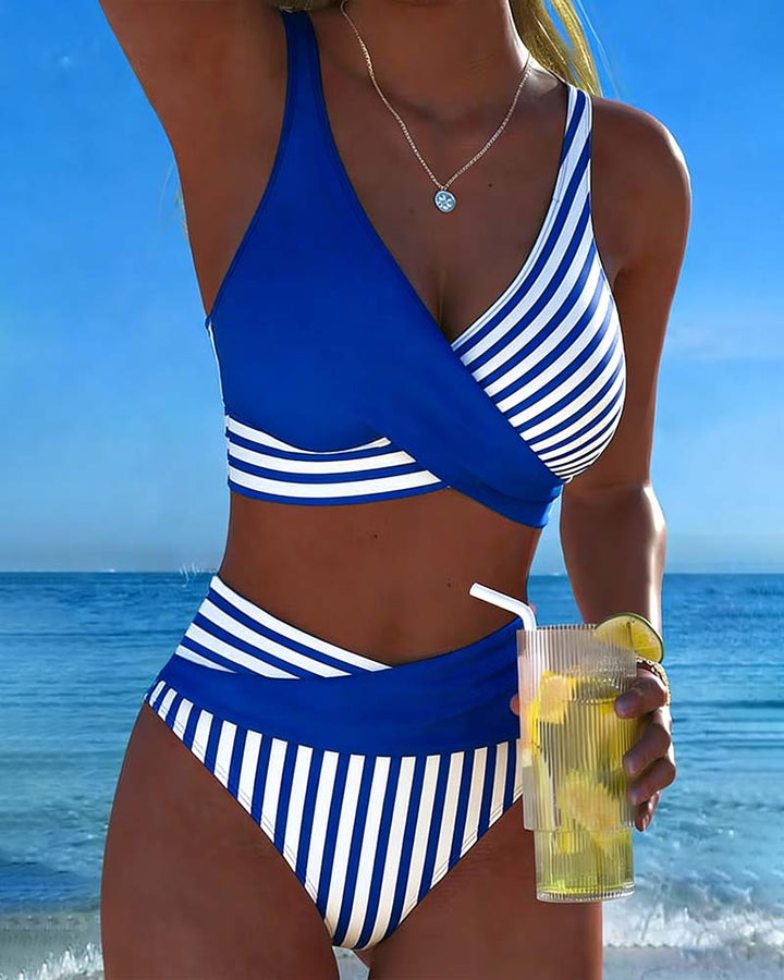 Delphantine™ — Bikini cruzado de rayas de talle alto brillo estival