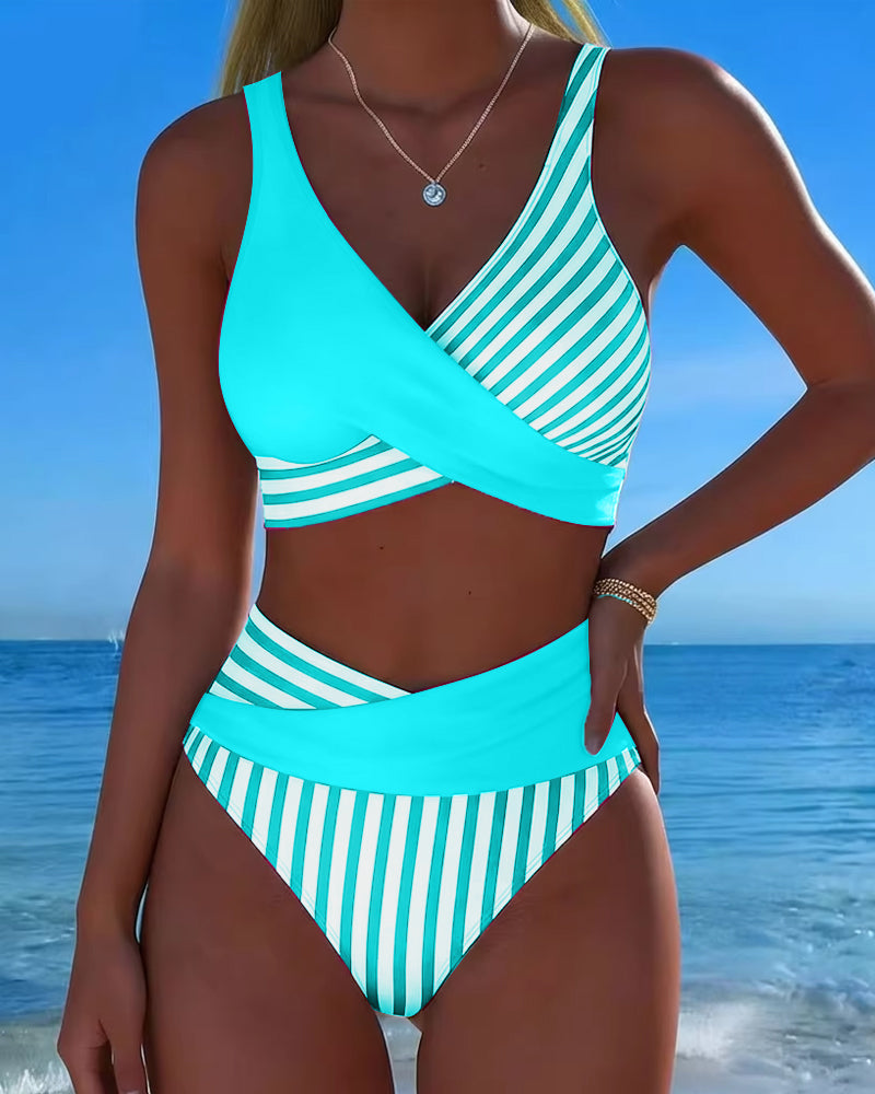 Delphantine™ — Bikini cruzado de rayas de talle alto brillo estival